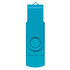 A teal Helix 8GB dual flash drive with a swivel design and a circular button. It features a logo on one side.