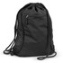 A black drawstring backpack with a front zip pocket and mesh side panels, featuring a logo.