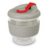 A drink bottle featuring a clear glass body, grey silicone sleeve, and a grey lid with a red stopper.