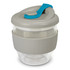 A drink bottle featuring a clear glass body, grey silicone band, and a blue lid with a secure closure.