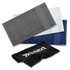 A set of three gym towels in grey, white, and navy, with a towel featuring a logo on the front.