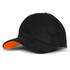 A black cap with an orange underside to the brim, featuring a branded logo.
