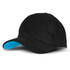 A black cap with a blue underside of the brim, featuring a logo on the front.