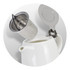 A white Chai teapot with a stainless steel infuser and a lid, all displayed against a circular background.