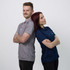A grey and a navy blue women's polo shirt, both featuring logos, worn by two models standing back-to-back.