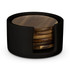 A set of wooden coasters in a black holder, featuring a smooth finish and circular design.