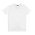 A plain white men's T-shirt with a V-neck design and short sleeves, featuring a logo on the tag.