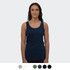 A woman wears a navy blue tank top. The product features a branding logo and is available in multiple colours.