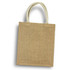 A jute tote bag in natural brown with cream handles, designed to carry three wine bottles. It has a logo.