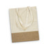 A natural-coloured tote bag with a brown jute bottom and matching fabric straps. It features a logo on one side.