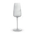 A clear glass flute with a ribbed design and a slender stem, featuring a simple, elegant silhouette.