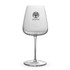 A clear glass wine glass with a ribbed design and a logo on the front, featuring a slender stem.