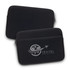 A black laptop sleeve featuring a logo on one side, designed to protect devices.