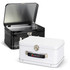 A black and a white tin lunch box with metal clasps and an interior lining, both featuring logos on the exterior.