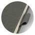 A grey notebook with a textured cover and an elastic closure strap, featuring a branding logo.