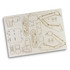 A wooden model kit featuring parts for an excavator, with detailed engravings on a light wood base.
