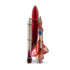 A wooden model of a rocket ship in red, white, and multicolour designs, featuring a logo.