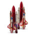 A wooden model of a rocket ship in red and white, featuring multiple rocket designs and a logo.
