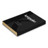 A black rectangular box with a gold inside, featuring a logo and design for the Keepsake Pebble Serving Board.