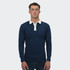 A unisex rugby jersey in navy blue with a white collar, featuring long sleeves and a branded logo.
