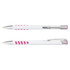 A metal pen with a white barrel and pink grip accents, featuring a clip and a logo.