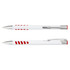 A white barrel metal pen with red accents and grip sections, featuring a silver clip and branding.