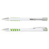 A metal pen with a white barrel and green accents, featuring a clip and a logo.