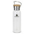 A drink bottle made of clear glass with a stainless steel lid and a wooden top, featuring a logo.