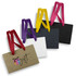 Four small ribbon handle paper bags in black, white, brown, and purple, each with matching ribbon handles and a logo.