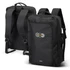 A black convertible travel backpack with adjustable straps and a logo. Designed for versatility and practicality.