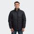 A black unisex puffer jacket with a zip front and long sleeves, featuring a logo on the chest.