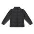 A black women's puffer jacket featuring a zip-up front and two side pockets, with a stylish, lightweight design.