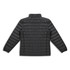 A black women's puffer jacket featuring a horizontal quilted design and a high collar, with a logo on the back.