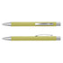 A metal pen in a vibrant green colour with silver accents and a clip. It features a sleek design.