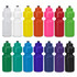 A drink bottle collection featuring various colours, including white, yellow, pink, red, orange, green, blue, and purple. Each bottle has a black cap and a logo.