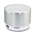 A silver Bluetooth speaker with a textured top and a white base, featuring a subtle logo.