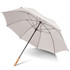 A large grey umbrella with a wooden handle and a black metal frame. It features a logo on the canopy.