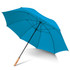 A blue umbrella with a wooden handle and a black metal frame, featuring a branded logo.