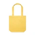 A yellow tote bag with two handles and a plain design. It has a logo on one side.