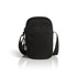 A black recycled camera bag with a zippered front pocket and an adjustable shoulder strap. It features a logo.