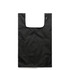 A black reusable grocery bag with a wide opening and a button closure, featuring a logo.