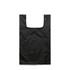 A reusable grocery bag in solid black fabric, featuring a simple design and a logo on the side.