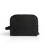 A black recycled toiletry bag with a zip closure and a side handle. It features a subtle logo on the front.