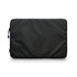A black recycled laptop sleeve with a smooth texture and a zip closure, featuring a branding logo.