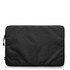 A black recycled laptop sleeve with a zip closure and a subtle texture. Features a logo on the side.