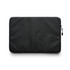 A black recycled laptop sleeve with a zippered closure and a simple, smooth design. It features a logo on one side.