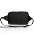 A black recycled double waist bag with an adjustable strap and a logo. The bag features a sleek, minimalist design.