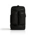 A black recycled travel backpack with multiple zippered pockets and a sleek design. It features a logo.