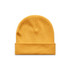 A yellow cuff beanie made of knitted fabric, featuring a folded brim and a logo.