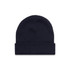A dark navy cuff beanie with a simple design and a rolled hem. The beanie has a logo on it.